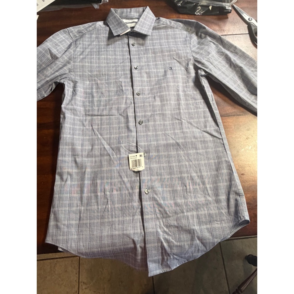 Calvin Klein Mens Slim Fit Stretch Collar Plaid Dress Shirt Blue White 32/33 S